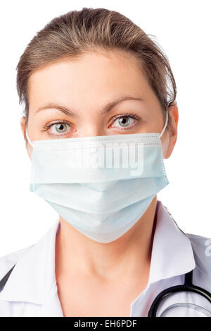 Donna chirurgo nella maschera di medici sul suo volto su sfondo bianco Foto Stock