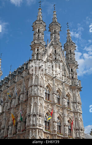 L'incredibilmente dettagliata Stadhuis (municipio) in Leuven, Brabante Fiammingo, Belgio. Foto Stock