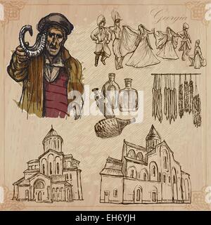 Serie di viaggio: GEORGIA (set no.2) - raccolta di un disegnati a mano illustrazioni vettoriali. Ogni disegno comprendono tre strati di lin Illustrazione Vettoriale