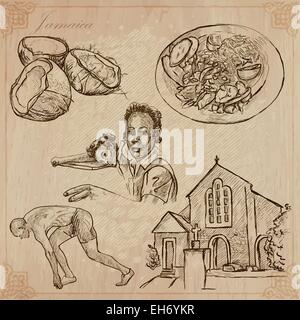 Viaggi: Giamaica (set no.3) - raccolta di un disegnati a mano illustrazioni vettoriali. Ogni disegno comprendono tre strati di linee, il Illustrazione Vettoriale