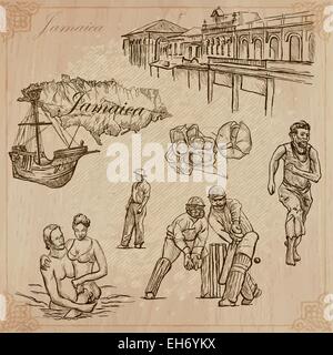 Viaggi: Giamaica (set no.5) - raccolta di un disegnati a mano illustrazioni vettoriali. Ogni disegno comprendono tre strati di linee, il Illustrazione Vettoriale