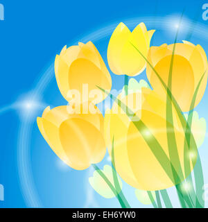 Illustrazione della fioritura tulipani gialli contro la festosa sfondo blu Foto Stock