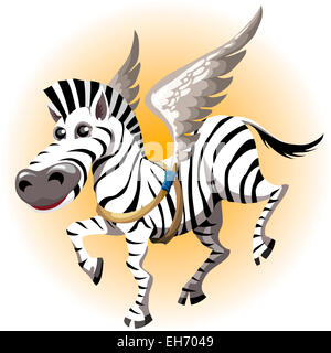 Illustrazione divertenti con gioiosa zebra cerca sul giocattolo di ali di pegasus disegnato in stile cartoon Foto Stock
