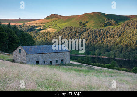 Fienile in pietra accanto al serbatoio Ladybower nel Peak District, Derbyshire su una piacevole serata d'estate. Foto Stock