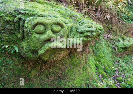 Coperte di muschio sculture nella foresta, Goa Gajah elefante complesso Grotta, Bali, Indonesia, Asia sud-orientale, Asia Foto Stock