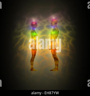 Energia umana corpo silhouette con aura e chakra Foto Stock