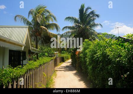 Tipico vicolo nel villaggio di La Passe, La Digue Island, La Digue e isole interne, Seicelle Foto Stock