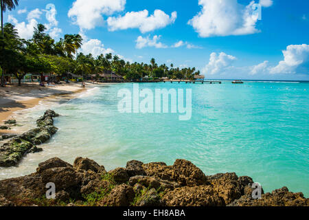 Spiaggia di sabbia e palme di Pigeon Point, Tobago Trinidad e Tobago, West Indies, dei Caraibi e America centrale Foto Stock
