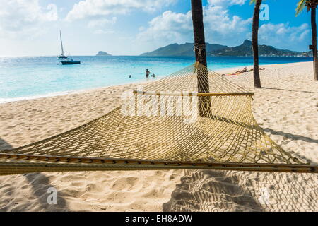 Amaca tra due palme su di una spiaggia di sabbia, Palm Island, Grenadine, isole Windward, West Indies, dei Caraibi Foto Stock