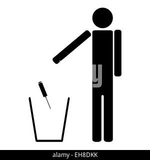 L'uomo getta una siringa di farmaci nel cestino Foto Stock