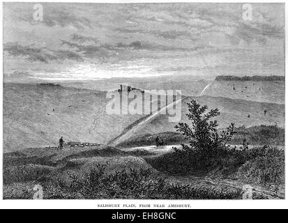 Una incisione di Salisbury Plain, dal vicino a Amesbury scansionati ad alta risoluzione da un libro stampato nel 1880. Foto Stock