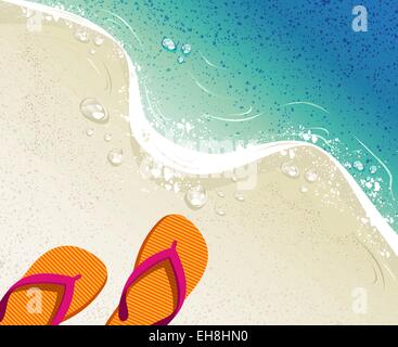 Spiaggia e mare tropicale con colorate flip flop, sabbia come sfondo per il periodo estivo di design. EPS10 vettore. Illustrazione Vettoriale