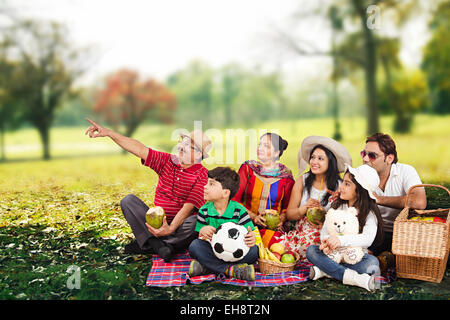 Gruppo indiano folle grand genitori park Picnic a puntare il dito che mostra Foto Stock