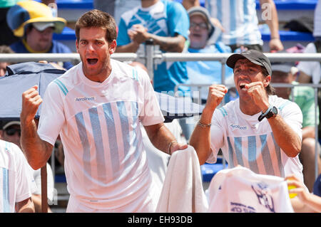 Villa Martelli, Argentina. 9 Mar, 2015. Juan Martin Del Potro (L) e Carlos Berlocq di Argentina celebrano dopo la partita tra Federico Delbonis di Argentina e Thomaz Bellucci del Brasile presso la Coppa Davis in Villa Martelli, vicino a Buenos Aires, capitale dell'Argentina, 9 marzo 2015. Credito: Martin Zabala/Xinhua/Alamy Live News Foto Stock