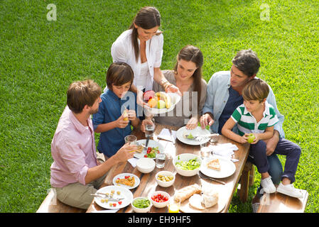 Famiglia e amici si incontrano per picnic Foto Stock