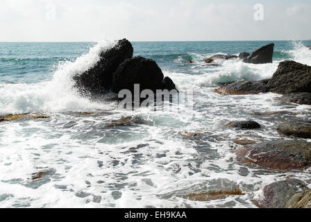 Tempesta sul mare. Acqua, rocce e schiuma di mare. Foto Stock