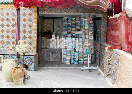 Cartolina stand sullaparte superiore della terrazza sul tetto del vecchio re casa nella medina, Tunisia Foto Stock