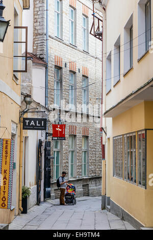 Uomo con la PRAM guardando il telefono cellulare su Pikk Street nella città vecchia di Tallinn, Estonia Foto Stock