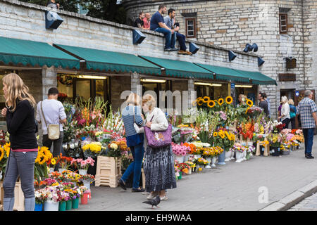 Il mercato dei fiori si spegne in Valli street nel centro della città di Tallinn, Estonia Foto Stock