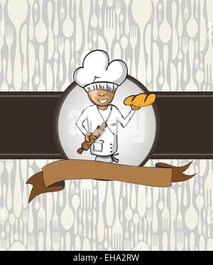 Baker chef cartoon badge. Disegnata a mano illustrazione per menu design. File vettoriale. Illustrazione Vettoriale