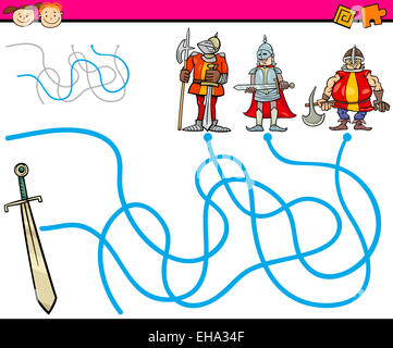 Cartoon illustrazione del percorso di istruzione o labirinto gioco per bambini in età prescolare con cavalieri e spada Foto Stock