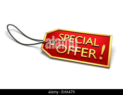 Offerta speciale badge. Adesivo rosso con bordo dorato e la stringa attaccato, isolato su bianco Foto Stock