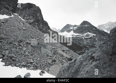 Picchi di montagna e macerie nel Parco Nazionale degli Ecrins, sulle alpi francesi. Foto Stock