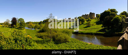 Il fiume Aln che fluisce oltre Alnwick Castle Alnwick, Northumberland. Giugno. Foto Stock