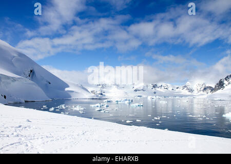 Iceberg e montagne di de Cuverville Island vicino alla penisola antartica, Antartide Foto Stock