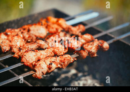 Alla griglia marinati caucaso barbecue spiedini di carne (shish kebab) carne di maiale grigliare su spiedino di metallo Foto Stock