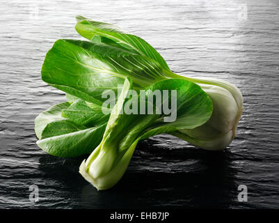 Intero fresco pak choi cavolo nero su sfondo nero Foto Stock