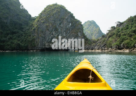 Canoa,canoisti, tra Carso montagne calcaree a Cat Ba National Park, Ha long,Halong Bay, Ha long,Halong Bay, Vietnam Foto Stock