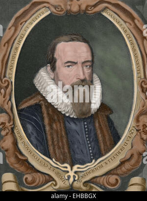 Johan van Oldenbarnevelt (1547-1619), signore di Berkel en Rodenrijs (1600), Gunterstein (1611) e Bakkum (1613). Statista olandese che ha giocato un ruolo importante nella lotta olandese per l'indipendenza dalla Spagna. Ritratto. Incisione. Colorati. Foto Stock