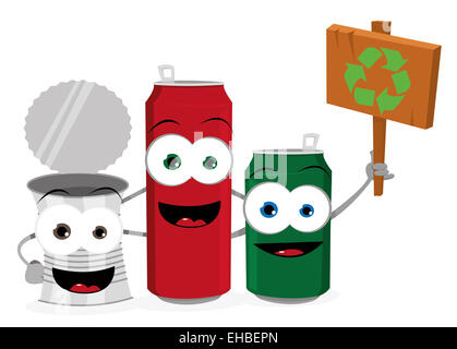 Un vettore cartoon che rappresentano tre funny lattine vuote tenendo un cartello in legno con un logo reclycling Foto Stock