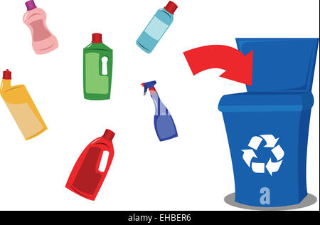 Un vettore cartoon che rappresenta un divertente contenitore di riciclaggio e alcuni oggetti in plastica Foto Stock