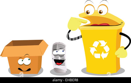 Un vettore cartoon che rappresenta un divertente contenitore di riciclaggio Foto Stock