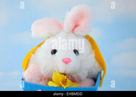 Morbidi coniglietto di pasqua bambino giocattolo in un cesto contro un cielo blu sullo sfondo Foto Stock