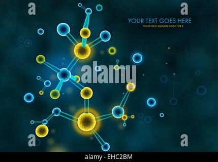 Un 3D illustrazione che rappresenta la chimica organica molecole di proteina di formazioni e strutture su sfondo scuro Foto Stock