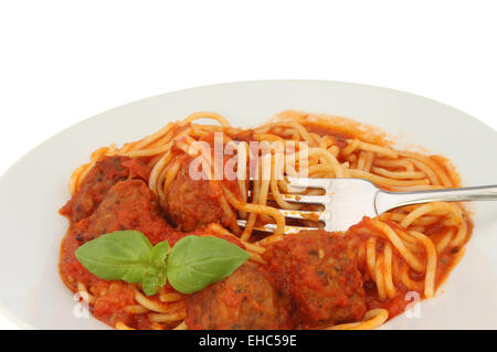 Primo piano di spaghetti e polpette di carne con una forchetta e rametto di basilico Foto Stock