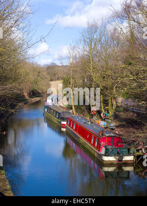 Narrowboats ormeggiato a Stourbridge Canal durante l'inverno, Prestwood, Staffordshire, England, Regno Unito Foto Stock