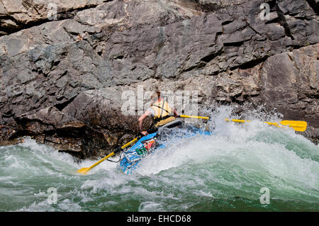 Donna di canottaggio puntone superiore attraverso Cliffside rapido (Classe IV) sulla forcella di mezzo del fiume di salmoni, Idaho Foto Stock