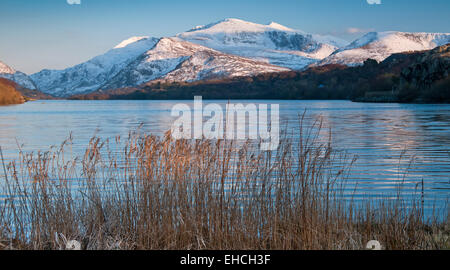 Mount Snowdon in inverno visto attraverso Llyn Padarn, Snowdonia National Park, North Wales, Regno Unito Foto Stock
