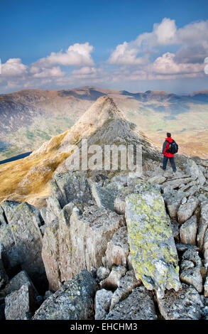 Walker si affaccia Tryfan & la valle Ogwen da Bristly Ridge, Snowdonia National Park, North Wales, Regno Unito Foto Stock