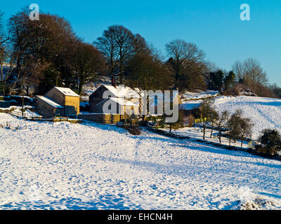 Paesaggi innevati con i campi e gli alberi vicino Bonsall vicino al Parco Nazionale di Peak District Derbyshire Dales England Regno Unito Foto Stock