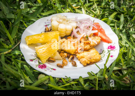 Piatto di tradizionale cucina Peruviana con Chicharron de pescado, Yucca Frito, Cancha, Salsa Criolla e Mote Foto Stock