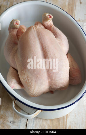 Pollo pronto per la tostatura in un tegame enamelware Foto Stock