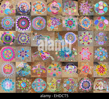 Kolams nel villaggio di Kuilapalayam, durante Pongal harvest festival. Il Tamil Nadu, India. Foto Stock