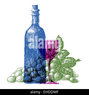 Bottiglia di vino vector logo design modello. uve da vino o bibita alcolica icona. Foto Stock