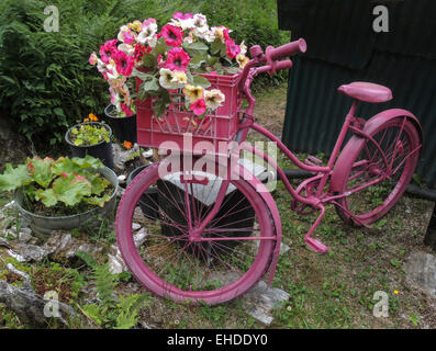 Un colorato bike visualizza un colorato bouquet di fiori artificiali, Tenakee Springs, Chichagof Island, a sud-est di Alaska, il Tonga Foto Stock