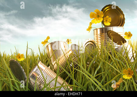 Scartare le lattine di alluminio in erba alta Foto Stock